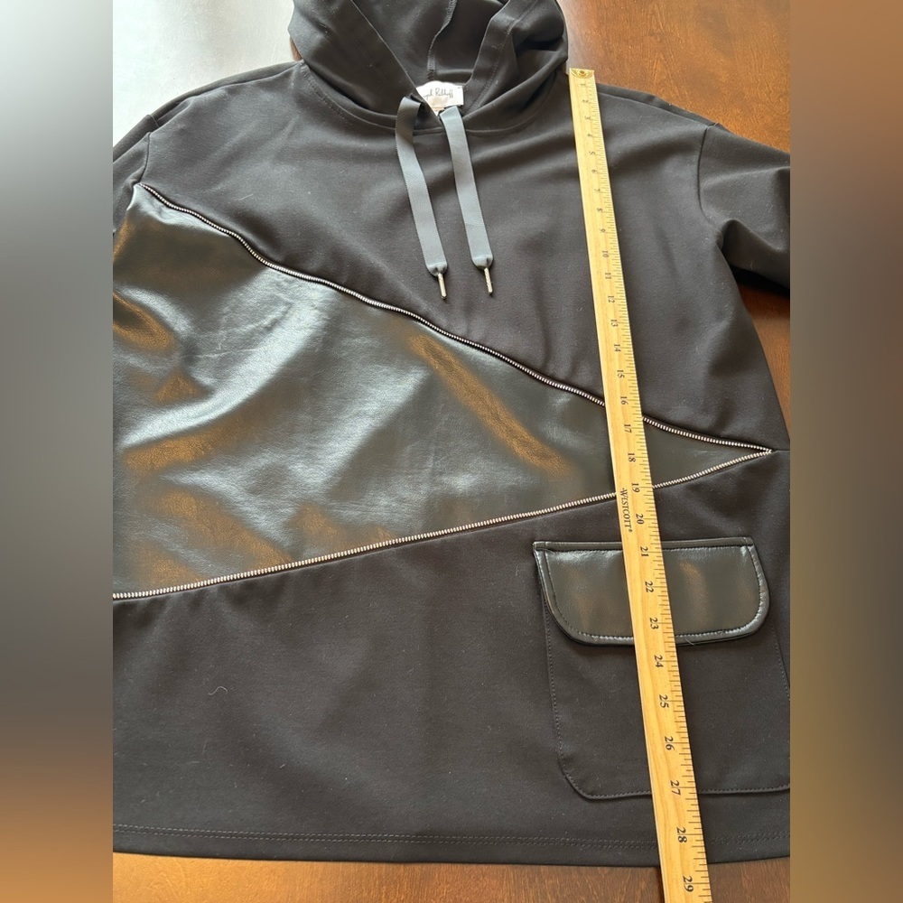 JOSEPH RIBKOFF Faux Leather 10 Black Hoodie Zipper Accent Drawstring Edgy Casual - Picture 8 of 10